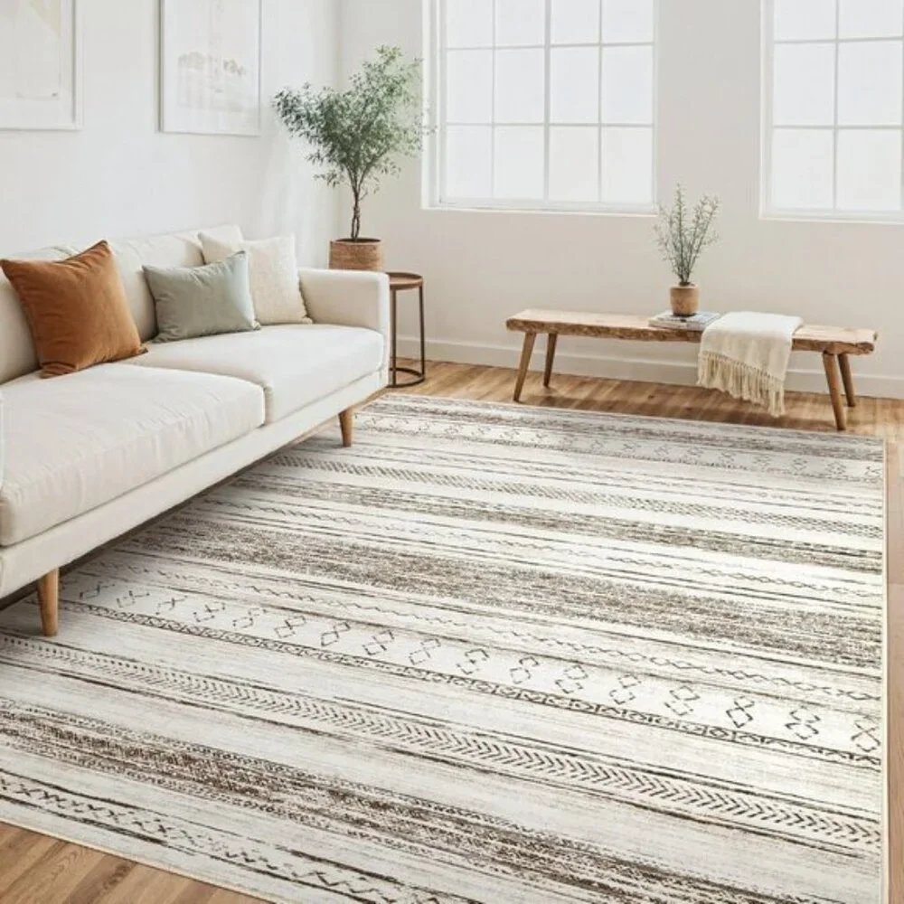 New 5x7 Cream Brown Boho Area Rug Washable Soft Carpet for Home & Room Decor